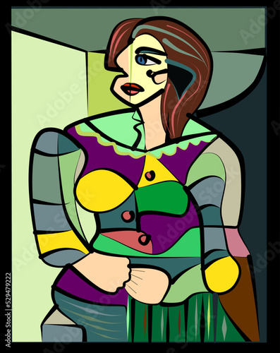 Colorful abstract background  cubism art style  portrait of sitting woman