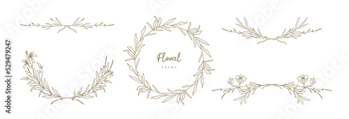 Hand drawn floral frame and dividers with flowers and leaves.Elegant logo template.Vector illustration vintage decorative elements for label,branding business identity,wedding invitation,greeting card