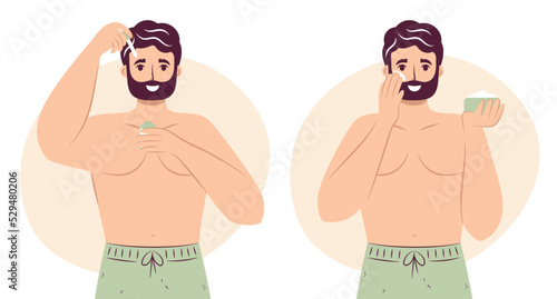 Skincare routine concept. Happy young man applying serum to his face with a dropper and applying face moisturizing cream or lotion on cheek, handsome bearded male enjoying skincare procedure.