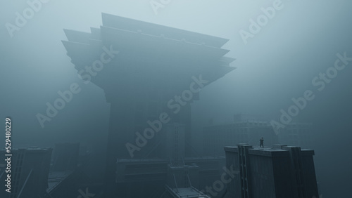 Man standing looking at moody concrete brutalist city building