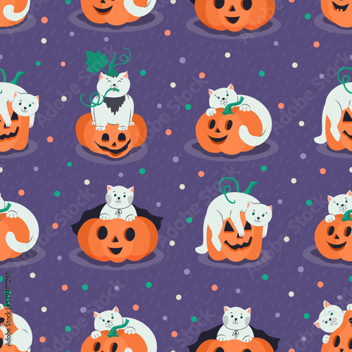 Halloween seamless patterns with cute cats and Jack o lanterns pumpkins on purple background. Hand drawn flat illustration.