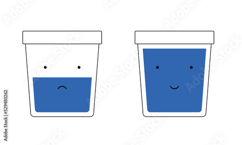 Sad and cheerful glass of water. Full and empty glass with blue water. Concept of optimist and pessimist. Human psychology. Simple vector illustration