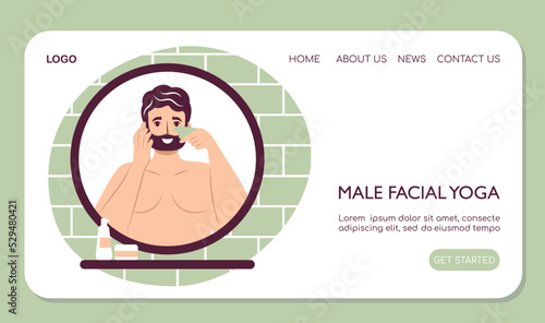 Webpage landing Skin care routine concept. Happy young man doing lymphatic face massage with jade face gua sha stone scraper, handsome bearded male enjoying skincare procedure. Men hygiene