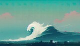 Huge tsunami wave crashing on a city. Digital painting. Calm relaxing artwork. 