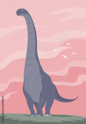 Big alamosaurus with a long neck and tail. Herbivorous dinosaur sauropod of the Jurassic period. Prehistoric lizard. Vector cartoon illustration