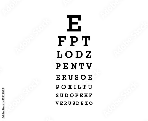 A made-up eye chart for the professional check of the eyesight (letters of differing size, sorted from bigger to smaller), isolated.
