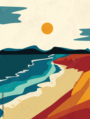 Abstract colorful landscape poster . Contemporary art beach print templates .Mountains are the side of the beach  Nature backgrounds for your social media. Sun and moon, sea, mountains, ocean, 