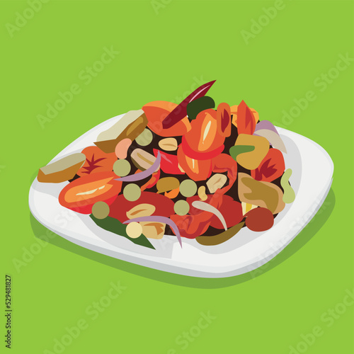 Thai food vector illustration, fish roe salad with vegetables, tomato, plate on green background.