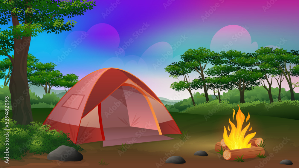 Summer Camping at night with Forest landscape, tent, lights campfire, trees, cartoon illustration
