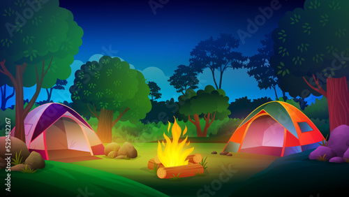Camping in the forest at night with different tent, lights campfire, trees, cartoon landscape