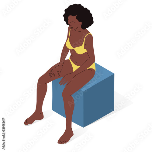 Young black woman sitting, body of a woman. Isometric vector illustration of a sitting person.