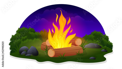 Campfire firewood vectorl illustration with grass, bush and stone