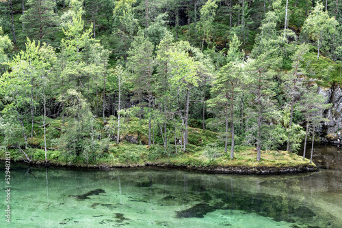 Türkisgrünes Wasser im Kinsotal bei Kinsarvik, Norwegen