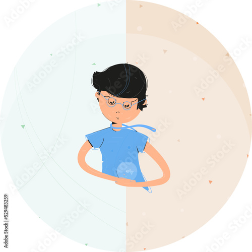Vector colorful boy with glasses holding a fishbowl with a fish and two falling leaves inside it. Background images two seasons summer and autumn which are divided from each other. 
