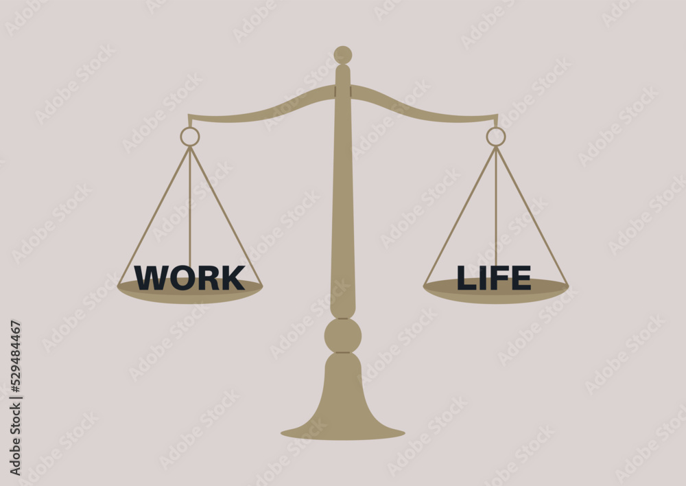 Work life balance on a scale, healthy lifestyle and career ambitions