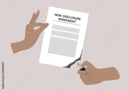 Burning a Non-disclosure agreement as a symbol of a violent manipulation that forces employees to fall silent