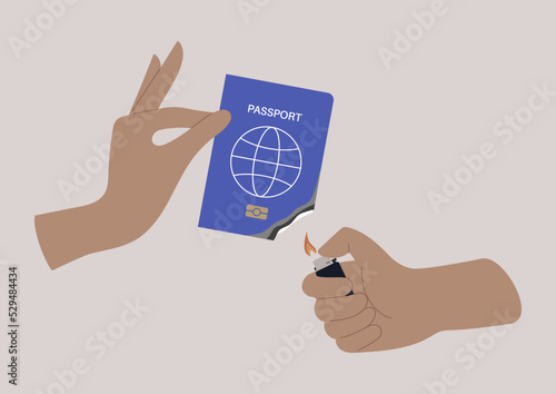 Hands burning a passport as a protest against the government