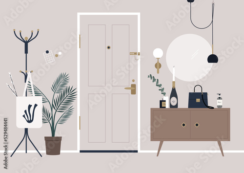 A decorated apartment entryway, a door secured with a chain guard, a coat rack, and a mirror on the wall