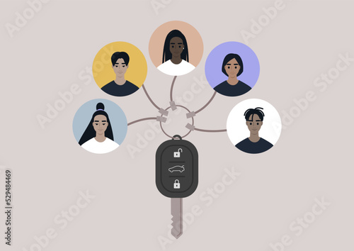 Car sharing service, a collection of keychains on one car key, modern urban service