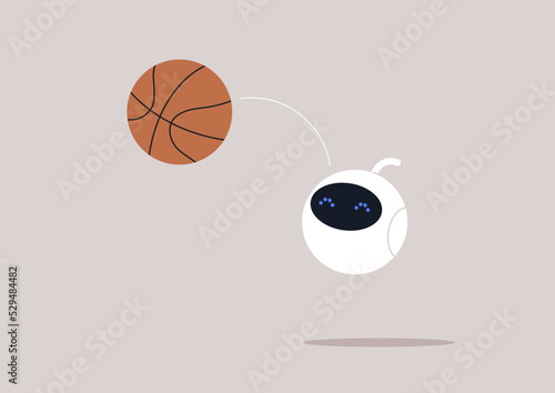 A cute round shaped robot playing basketball, artificial intelligence and modern lifestyle