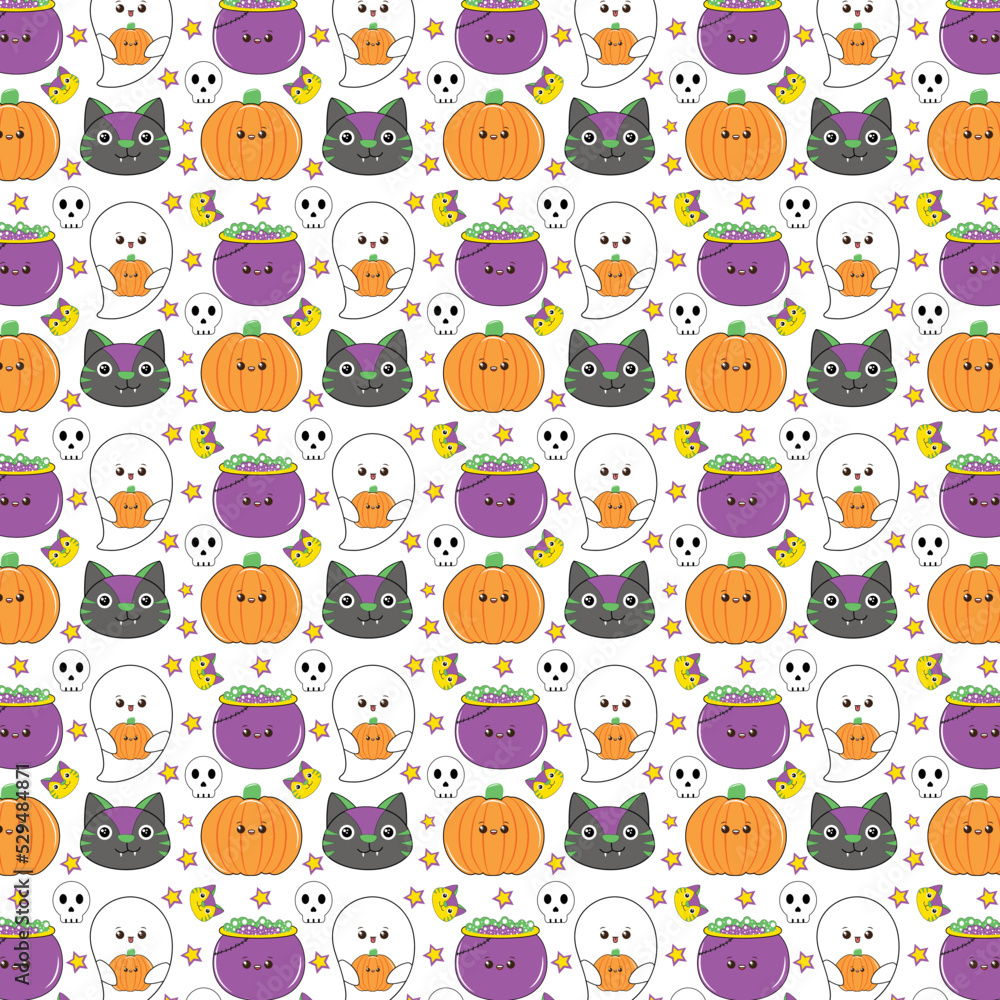Fototapeta premium Happy halloween seamless pattern background set. Halloween seamless pattern in cartoon comic style. Colored Vector Patterns in Flat style. Hand drawn pattern for Halloween design. cartoon pattern. 