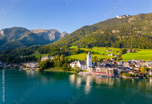 Wallpaper Mural Beautiful aerial view of the popular village of Sankt Wolfgang im Salzkammergut. Alpine mountains, church and Wolfgangsee. Upper Austria, Salzburg. Torontodigital.ca