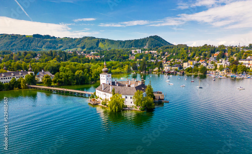 Schloss Ort (or Schloss Orth) is an Austrian castle situated in the Traunsee lake, in Gmunden. Aerial drone view.