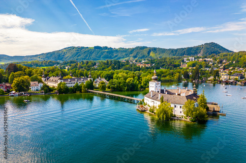 Schloss Ort (or Schloss Orth) is an Austrian castle situated in the Traunsee lake, in Gmunden. Aerial drone view.
