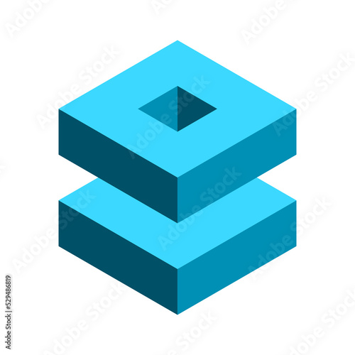 Blue 3D cube with two elements. Geometric hexagon shape. Building with two floors and window at the roof. Isometric block object with two parts. Business logo template. Vector illustration, clip art.