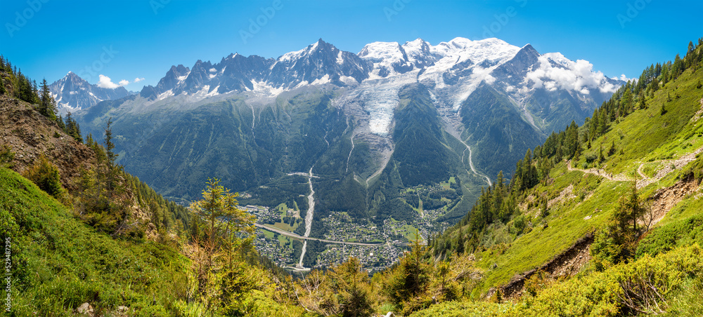 The panorama of Mont Blanc massif Les Aiguilles towers and Aigulle du Vertre peak.