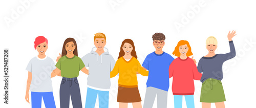 Young people stand together. Friendly diverse college students hug each other. Students community. Group of happy smiling boys and girls isolated on white. Flat cartoon illustration