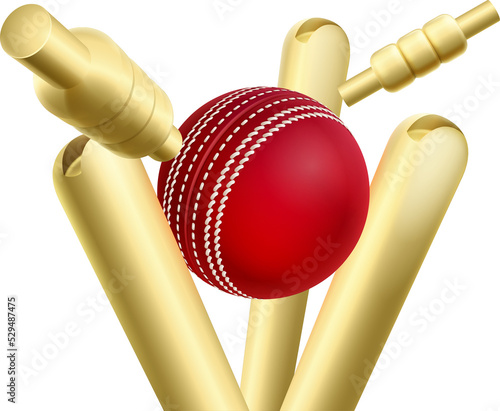 Fotografie Cricket Ball Knocking Over Wickets Or Stumps