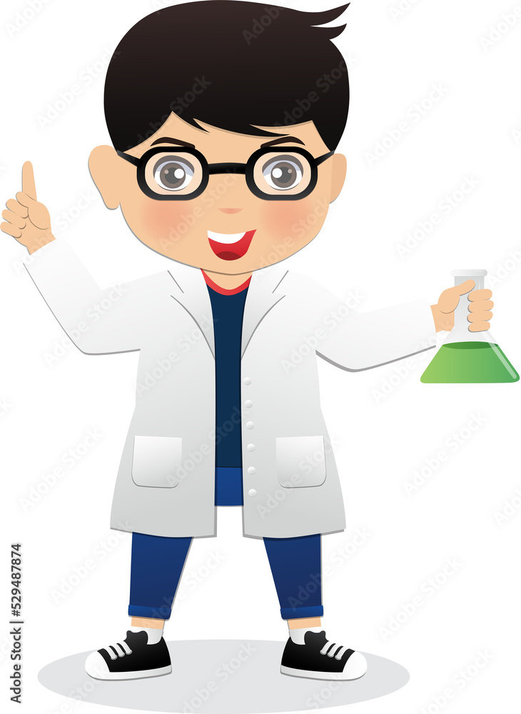 Scientist kids wearing white lab gown holding test tube Scientist kids wearing white lab gown holding test tube
