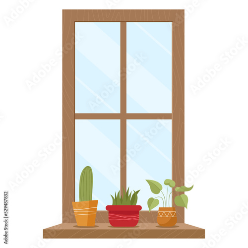 Cartoon Window with House Plant in Flower Pots. Indoor Interior Element