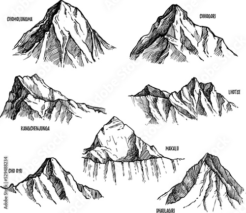 Highest mountains of Himalaya, Nepal hand drawn set vector illustration. Lhotse, Makalu, Kangchenjunga, Cho Oyu, Chomolungma, Dhaulagiri, Chogori pencil sketches isolated on white background photo