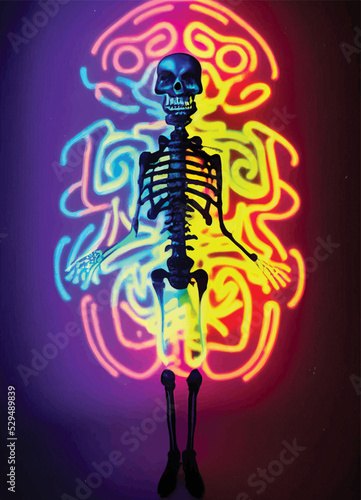 A creepy colourful portrait of a colourful skull for "dia de los muertos", "Day of the dead". Neon colours. Halloween poster idea, invitation card idea.
