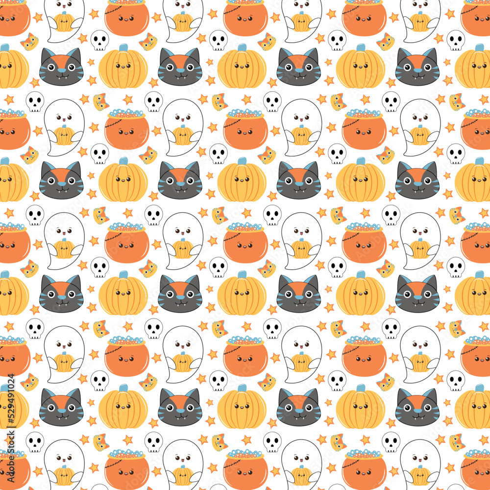 Fototapeta premium Halloween seamless pattern groovy Retro 90s style. Hand drawn pattern for Halloween design. Groovy Retro 90s style Halloween seamless pattern.