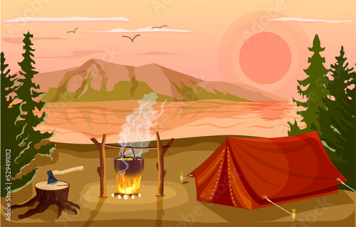 Summer tourist camp in forest near lake at sunset vector illustration. Campfire and tourist tent on river bank. Camping and hiking, summer vacation outdoor, adventure travel, mountain landscape.