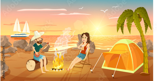 Summer tourist camp on beach near sea vector illustration. People relax near campfire and tourist tent at sunset. Outdoor camping, beach vacation, exotic travel, seascape with yacht in cartoon style.
