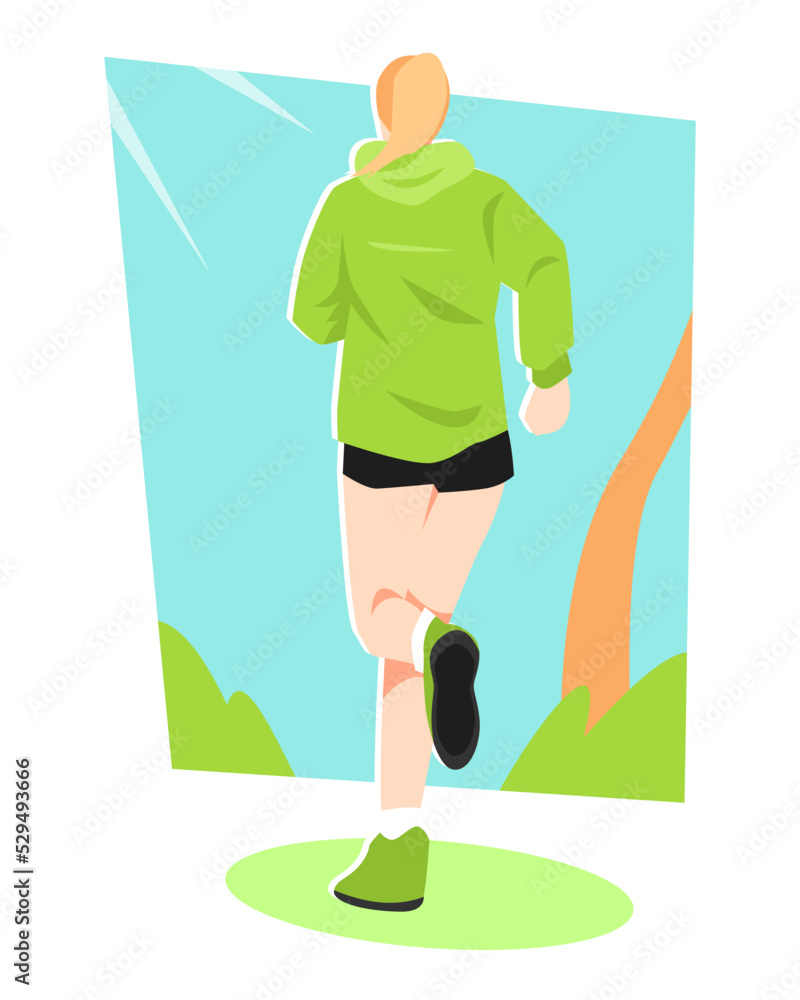 back view woman jogging. nature background, trees, grass. suitable for the theme of sports, exercise, stamina, health, etc. flat vector illustrations.