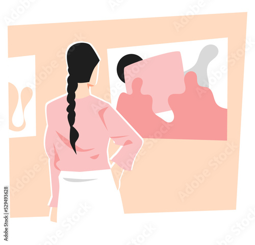 young girl back view looking at painting artwork. suitable for exhibition themes, fine arts, appreciation, aesthetics, etc. flat vector illustration