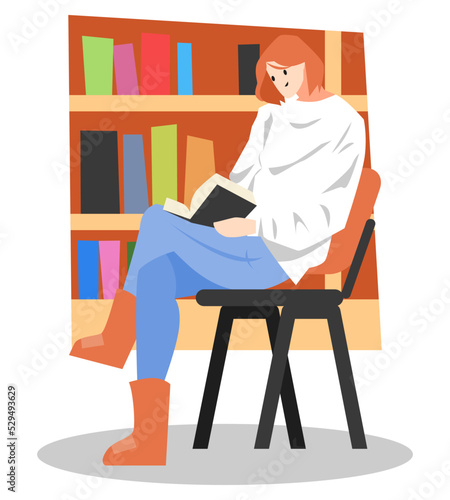 beautiful teenage girl with short hair reading a book in the library while sitting on a chair. the concept of learning, education, school, college, assignments, hobbies, etc. flat vector illustration