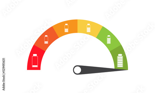 Colorful fuel consumption, car battery charging level indicator. Electric car, hybrid vehicle consumption icon. Automotive technology electric car concept vector.