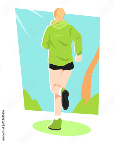 back view woman jogging. nature background, trees, grass. suitable for the theme of sports, exercise, stamina, health, etc. flat vector illustrations.