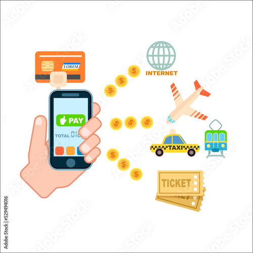 Online shopping concept with smartphone isolated vector illustration. NFC payment, money transferring via smartphone apps, online banking, ecommerce