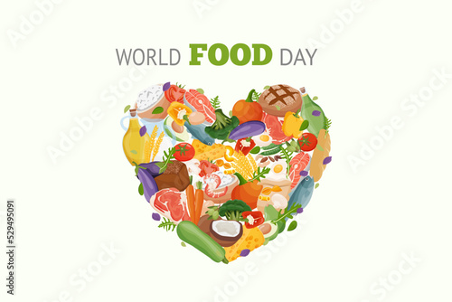 World Food Day. Different fresh food are laid out in shape of hearton banner or greeting card.