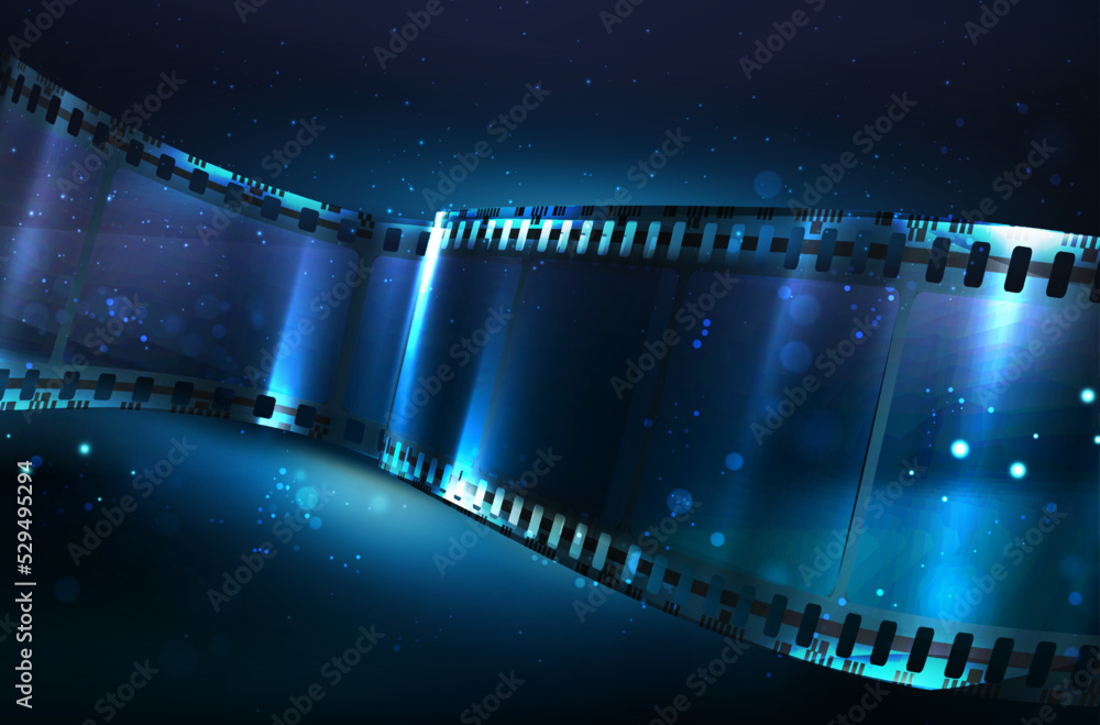 Online cinema concept. Movie reel tape flowing. Film-strip cinematograph concept.