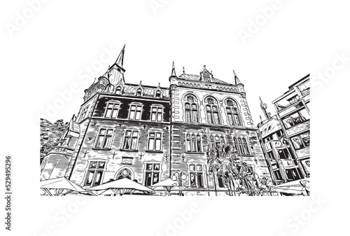 Building view with landmark of Oldenburg is a city in northwest Germany. Hand drawn sketch illustration in vector.