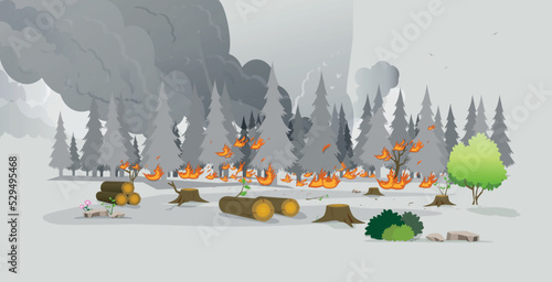 The fire is burning the trees in the forest on a gray background.