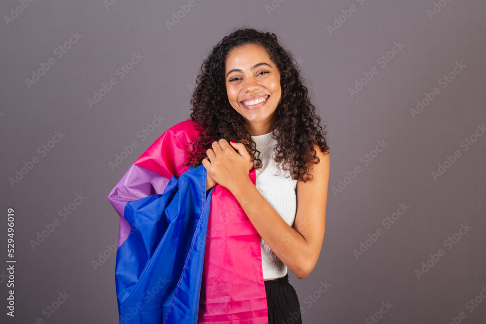Young Brazilian Black Woman Bisexual Flag On Her Chest Singing Anthem Young Brazilian Black Woman Bisexual Flag On Her Chest Singing Anthem
